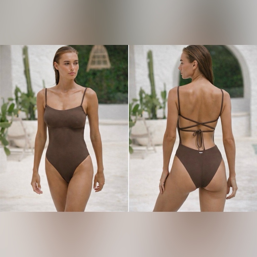Berlook One Piece Swimsuit Coffee Brown S Small Strappy Back NEW NWT Bag